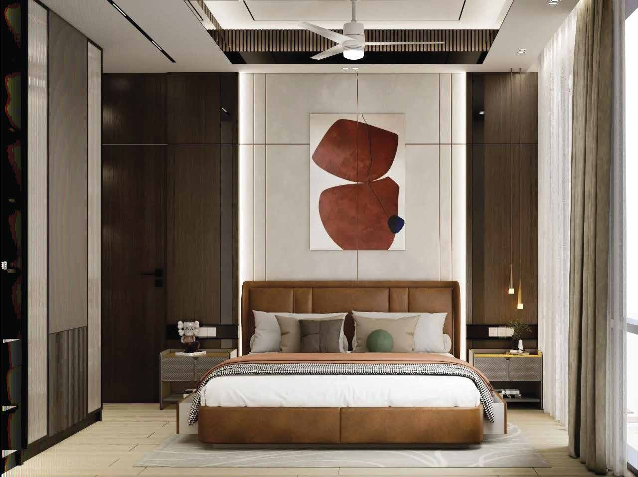 SND-designed bedroom with warm wood panelling and custom furniture